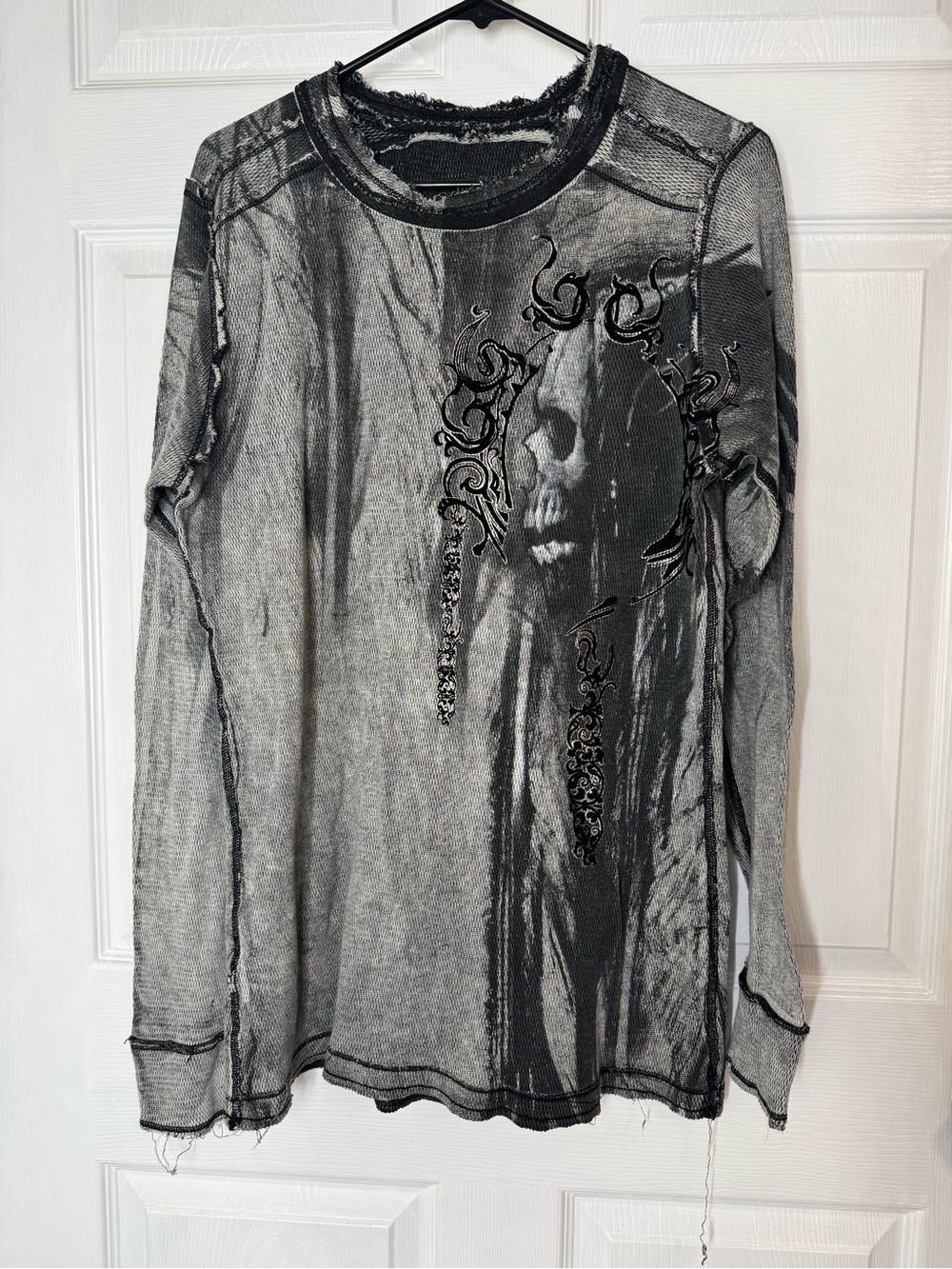 Affliction Black and Gray Distressed Skull Long Sleeve Tee